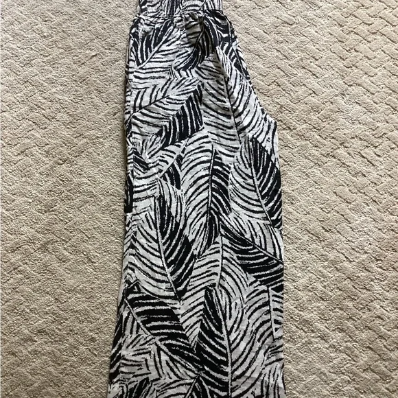 100% LINEN WIDE LEG PETITE PALAZZO PANTS BONE/BLACK TROPICAL LEAF PRINT SIZE S/P - Picture 9 of 10